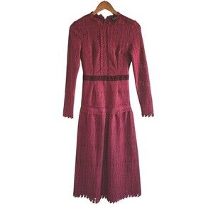 Lulus Crochet  Dress Women's XS Wine Red Velour Trim Midi Event Prairie Back Zip